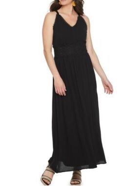 NWT Nina Leonard Sz Medium Black Sleeveless Lace-Waist/Trim V-Neck Maxi Dress